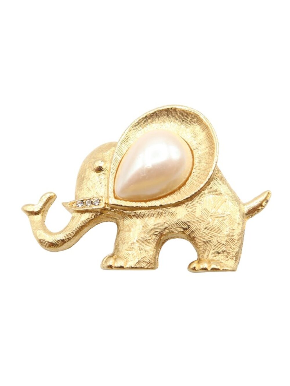 Vintage RICHELIEU Elephant Figural Brooch Gold Tone w/ Teardrop Faux Pearl Ear